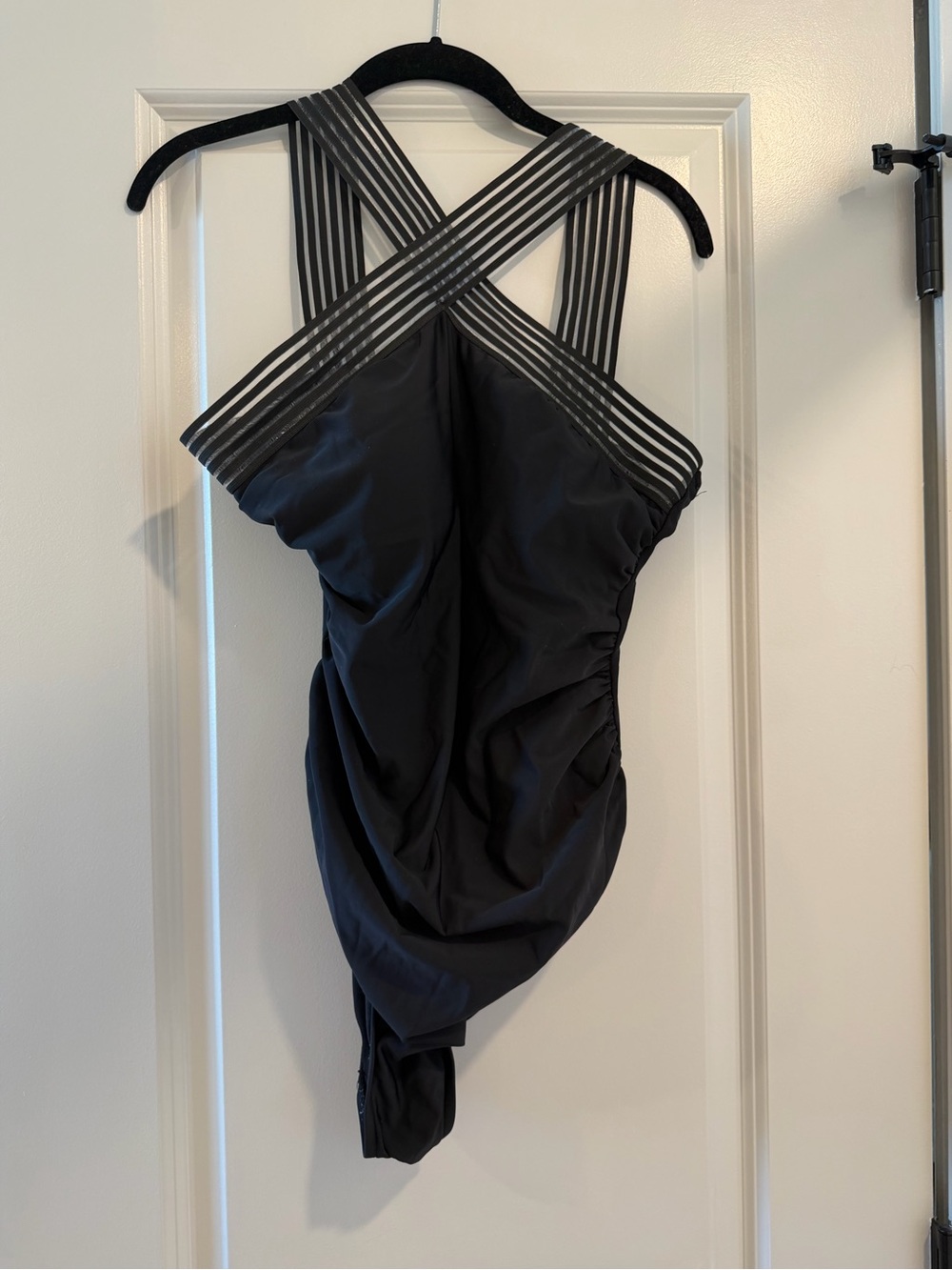Aqua Green Black Girls One-Piece Swimsuit with Striped Crisscross Straps